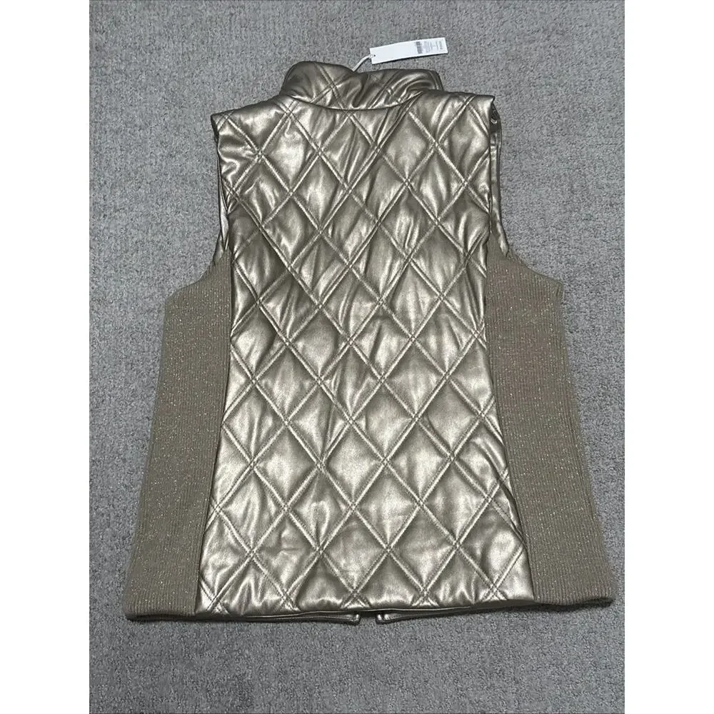 Chico's gold metallic diamond-quilted puffer vest Sparkly Side Panels Medium NWT